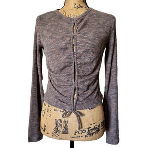 New Women's Long Sleeve Ribbed Lace Up‎ Cozy Knit Brown Blouse size XS